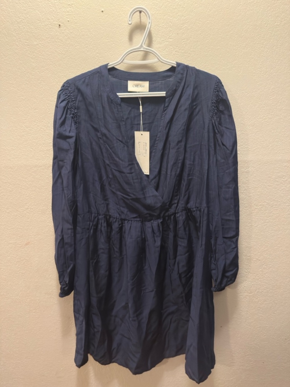 Cream Navy Long-Sleeve V-Neck Smocked-Waist Dress